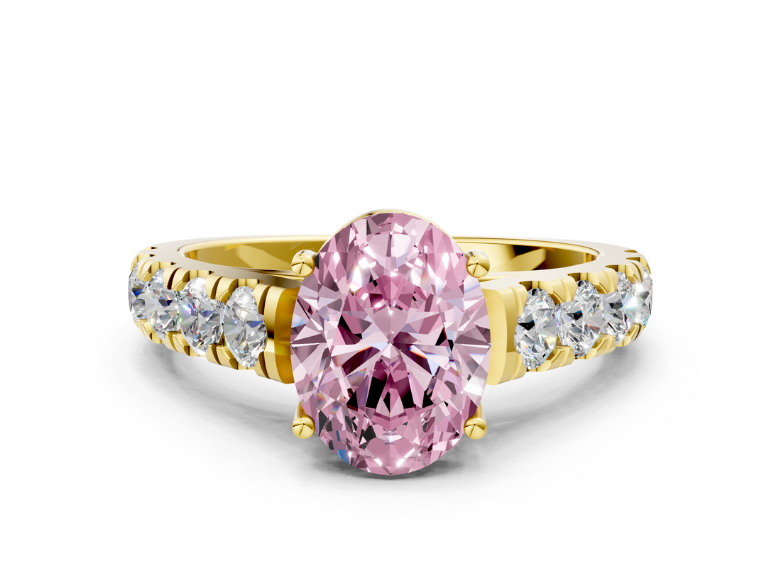 Yellow gold Fancy Pink Oval  Cut Diamond Pavé Band Solitaire with Four-Prong Setting_3