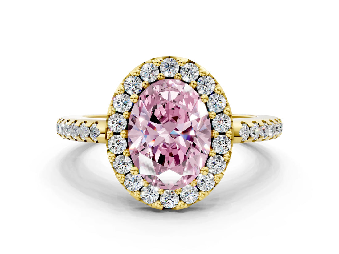 10K Yellow Gold 2.04 Carat Pink VS1 Oval Diamond Pavé Halo Ring with Four-Prong Setting