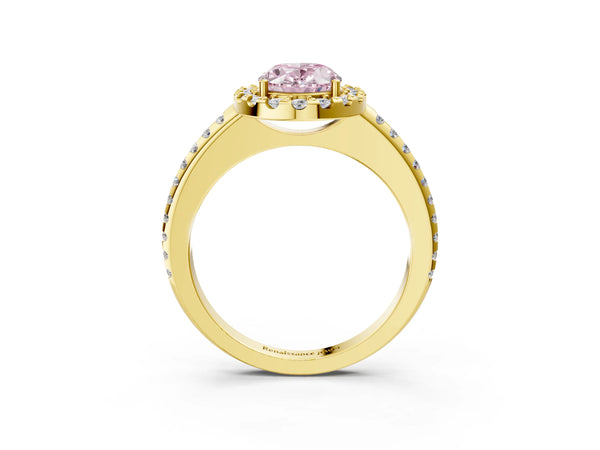 10K Yellow Gold 2.04 Carat Pink VS1 Oval Diamond Pavé Halo Ring with Four-Prong Setting