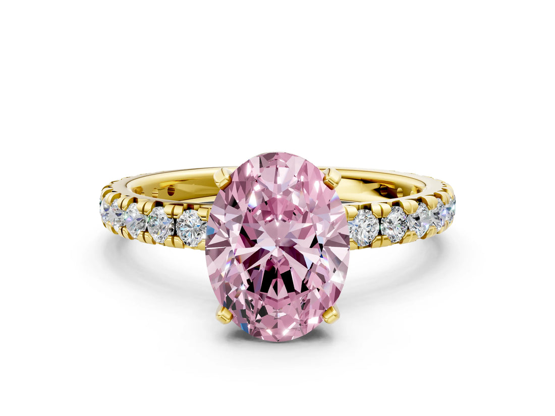 Yellow gold Fancy Pink Oval Cut Diamond Pavé Solitaire Ring with Round Band and Prong Setting_12