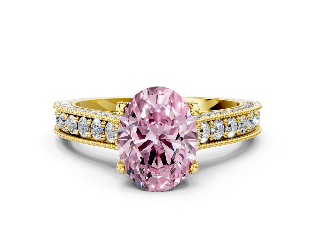 Yellow gold Fancy Pink Oval  Cut Diamond Pave Band with Four-Prong Setting_56