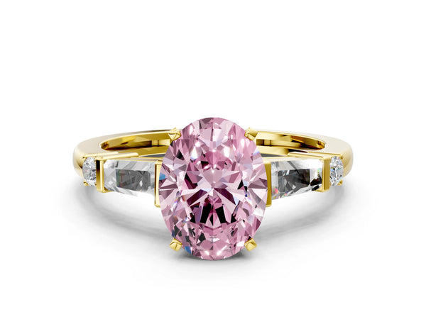 Yellow gold Fancy Pink Oval  Cut Diamond Ring with Baguette Side Stones, Channel Set Band, and Four-Prong Setting
