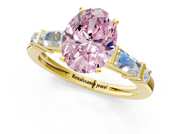 Yellow gold Fancy Pink Oval  Cut Diamond Ring with Baguette Side Stones, Channel Set Band, and Four-Prong Setting