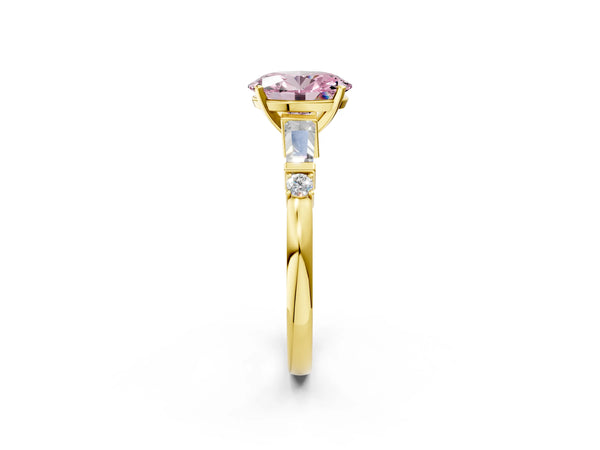 Yellow gold Fancy Pink Oval  Cut Diamond Ring with Baguette Side Stones, Channel Set Band, and Four-Prong Setting