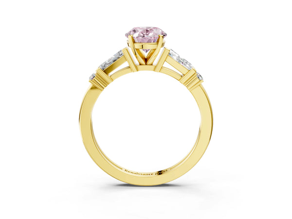 Yellow gold Fancy Pink Oval  Cut Diamond Ring with Baguette Side Stones, Channel Set Band, and Four-Prong Setting