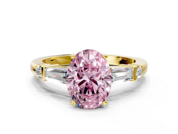 Yellow gold Fancy Pink Oval  Cut Diamond Ring with Baguette Side Stones, Channel Set Band, and Four-Prong Setting