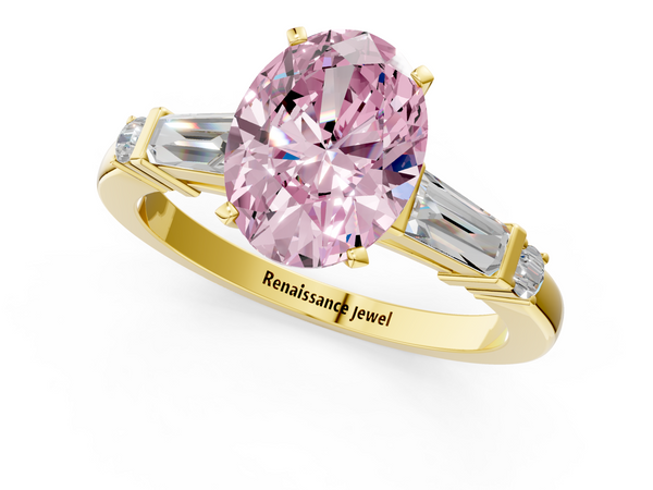 Yellow gold Fancy Pink Oval  Cut Diamond Ring with Baguette Side Stones, Channel Set Band, and Four-Prong Setting