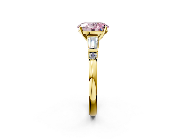 Yellow gold Fancy Pink Oval  Cut Diamond Ring with Baguette Side Stones, Channel Set Band, and Four-Prong Setting