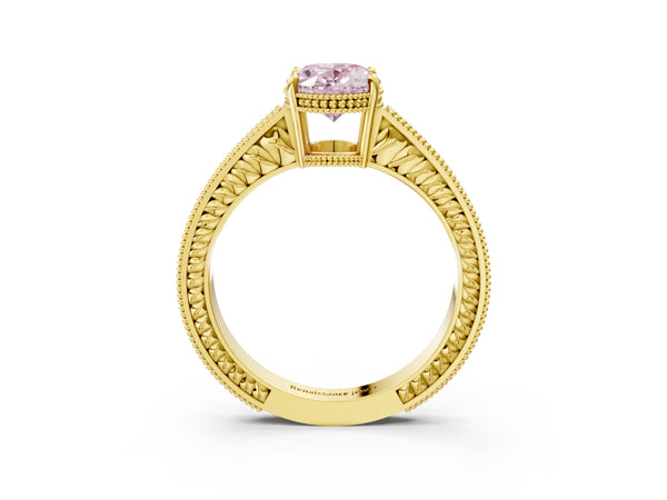 Yellow gold Fancy Pink Oval Cut Diamond Ring with Milgrain Pavé Band and Four-Prong Setting
