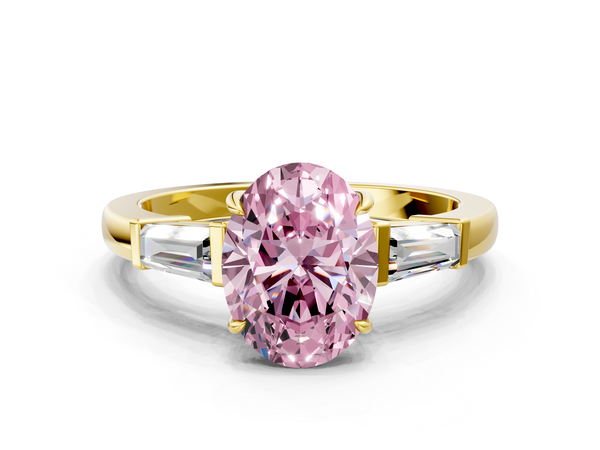 Yellow gold Fancy Pink Oval  Cut Diamond Ring with Tapered Baguette Side Stones in Four-Prong Setting