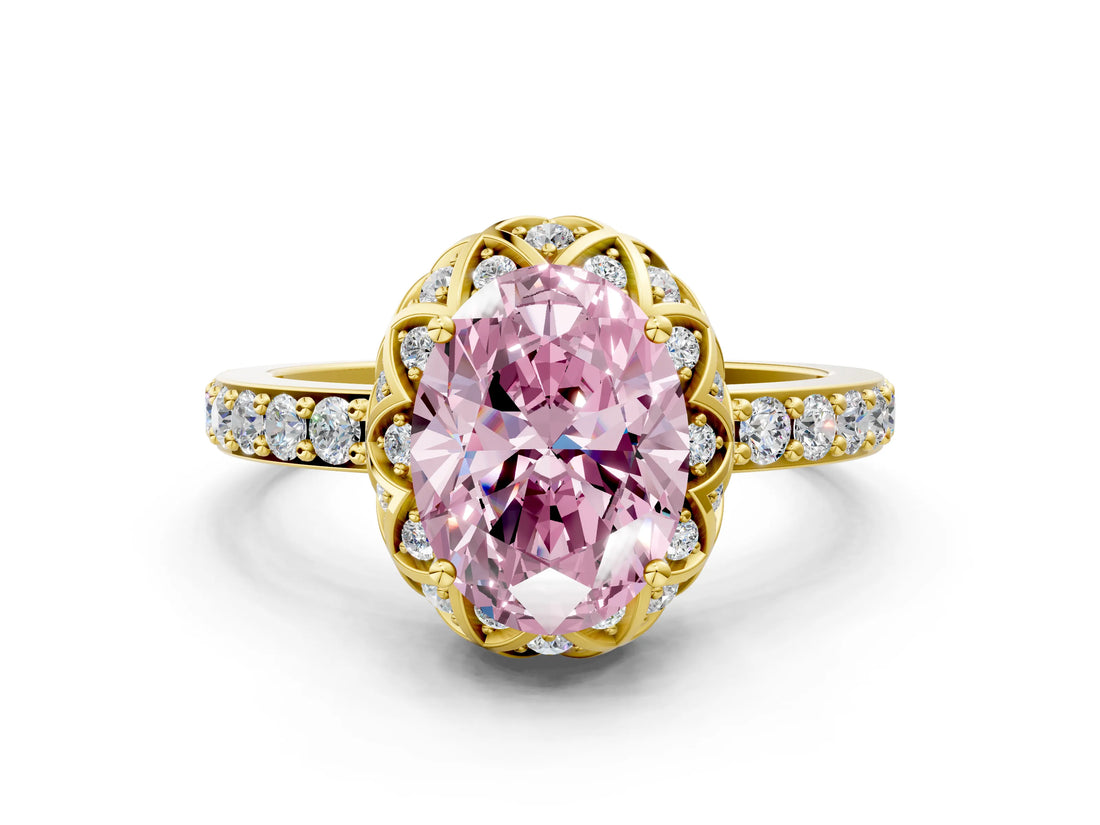 Yellow gold Fancy Pink Oval Cut Diamond Scalloped Halo Engagement Ring with Round Shared Prong Band_12