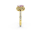 Yellow gold Fancy Pink Oval Cut Diamond Scalloped Halo Engagement Ring with Round Shared Prong Band_14
