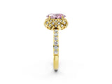Yellow gold Fancy Pink Oval Cut Diamond Scalloped Halo Engagement Ring with Round Shared Prong Band_26