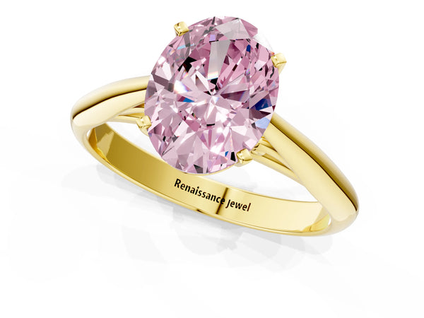 Yellow gold Fancy Pink Oval Cut Diamond Solitaire Engagement Ring with Cathedral Setting and Four-Prong Mount