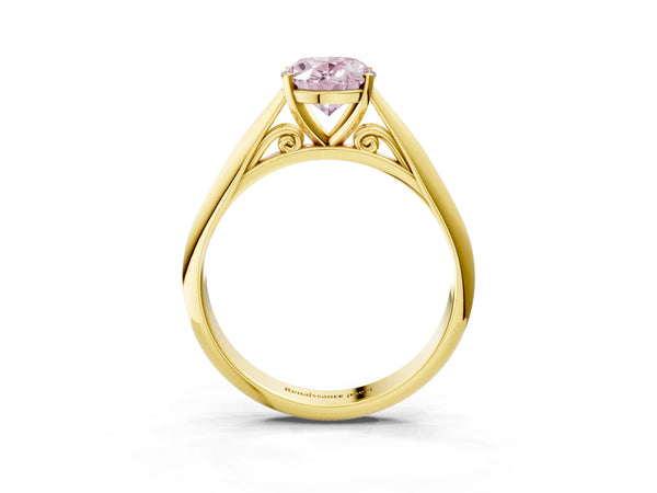 Yellow gold Fancy Pink Oval Cut Diamond Solitaire Engagement Ring with Cathedral Setting and Four-Prong Mount