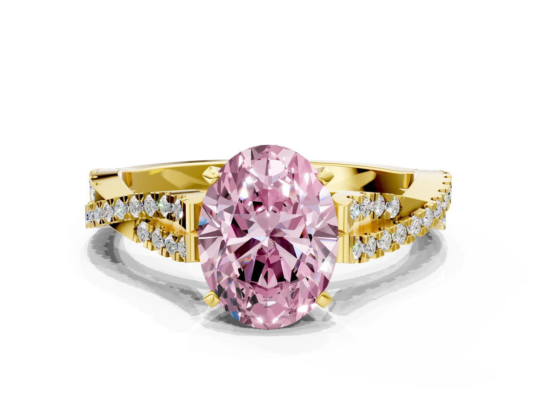 Yellow gold Fancy Pink Oval Cut Diamond Solitaire Engagement Ring with Twisted Pavé Band and Four-Prong Setting_43