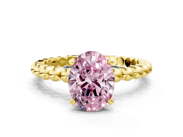 Yellow gold Fancy Pink Oval Cut Diamond Solitaire Ring with Beaded Band and Prong Setting
