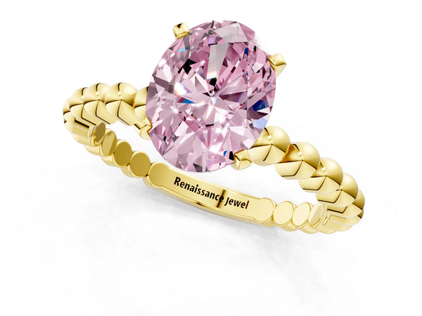 Yellow gold Fancy Pink Oval Cut Diamond Solitaire Ring with Beaded Band and Prong Setting