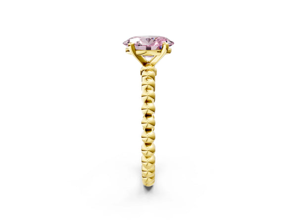 Yellow gold Fancy Pink Oval Cut Diamond Solitaire Ring with Beaded Band and Prong Setting
