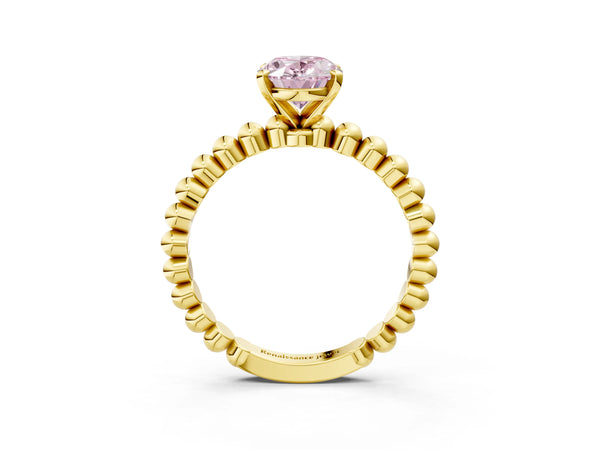 Yellow gold Fancy Pink Oval Cut Diamond Solitaire Ring with Beaded Band and Prong Setting