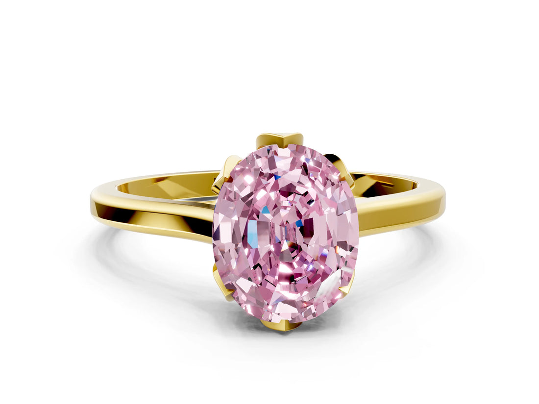 Yellow gold Fancy Pink Oval Cut Diamond Solitaire Ring with Flower Prong Setting and Classic Band_37