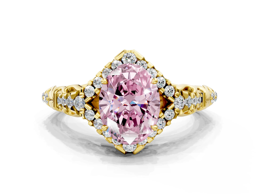 Yellow gold Fancy Pink Oval Cut Diamond Solitaire Ring with Hidden Halo and Pavé Band_27