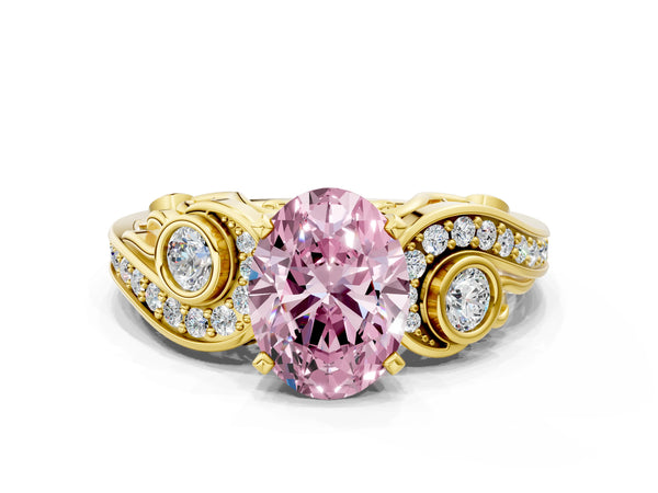 Yellow gold Fancy Pink Oval Cut Diamond Solitaire Ring with Milgrain Pavé Band and Four-Prong Setting