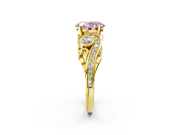 Yellow gold Fancy Pink Oval Cut Diamond Solitaire Ring with Milgrain Pavé Band and Four-Prong Setting