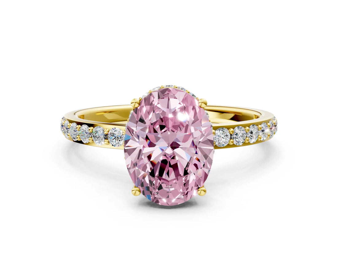 Yellow gold Fancy Pink Oval Cut Diamond Solitaire Ring with Pavé Band and Hidden Halo_19