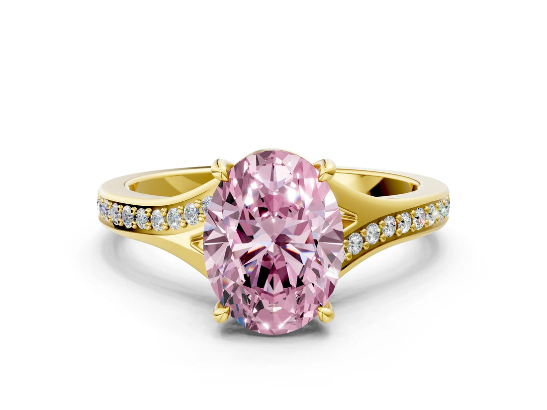 Yellow gold Fancy Pink Oval Cut Diamond Solitaire Ring with Pavé Band and Prong Setting_12