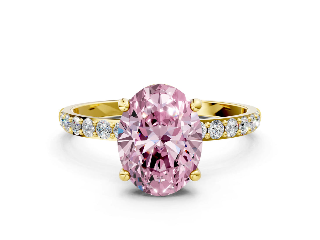 Yellow gold Fancy Pink Oval Cut Diamond Solitaire Ring with Pave Band and Four Prong Setting_88
