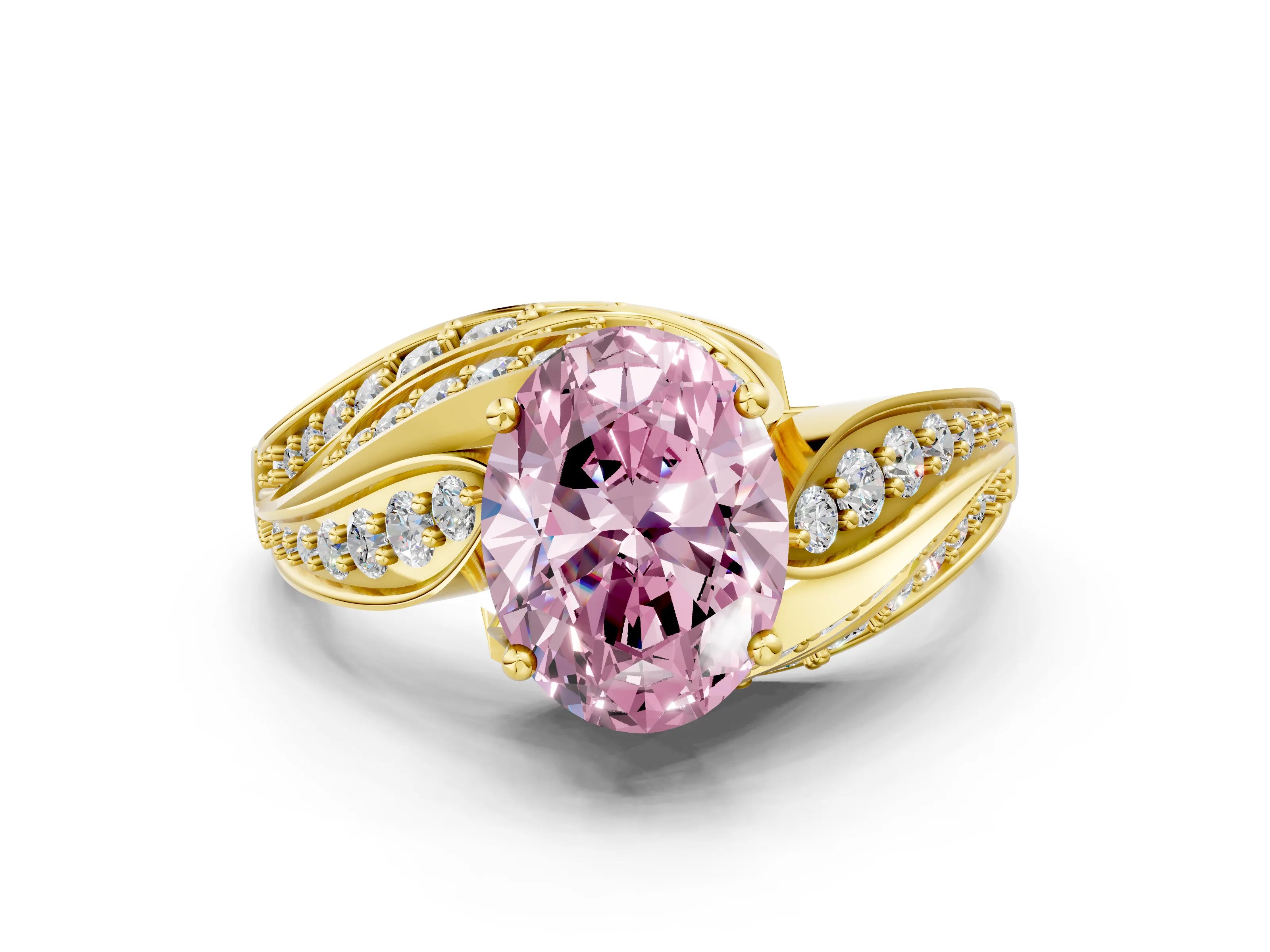 Yellow gold Fancy Pink Oval Cut Diamond Solitaire Ring with Prong Setting and Twisted Pavé Band
