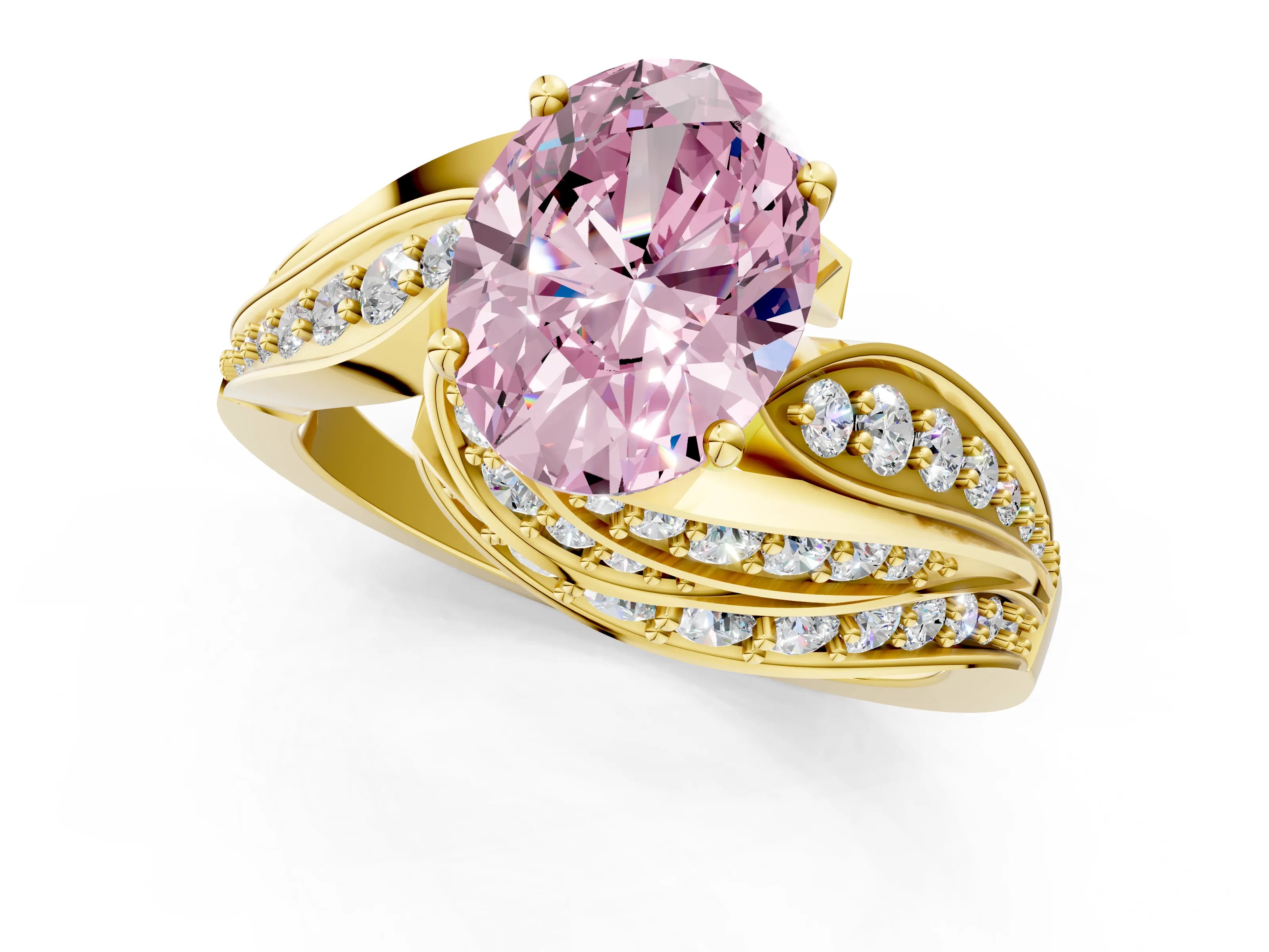 Yellow gold Fancy Pink Oval Cut Diamond Solitaire Ring with Prong Setting and Twisted Pavé Band_1