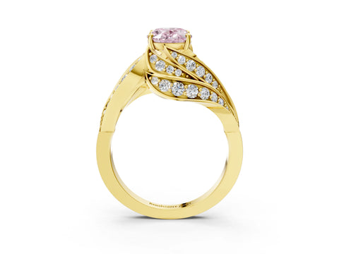 Yellow gold Fancy Pink Oval Cut Diamond Solitaire Ring with Prong Setting and Twisted Pavé Band_3