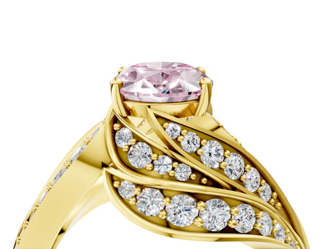 Yellow gold Fancy Pink Oval Cut Diamond Solitaire Ring with Prong Setting and Twisted Pavé Band_4
