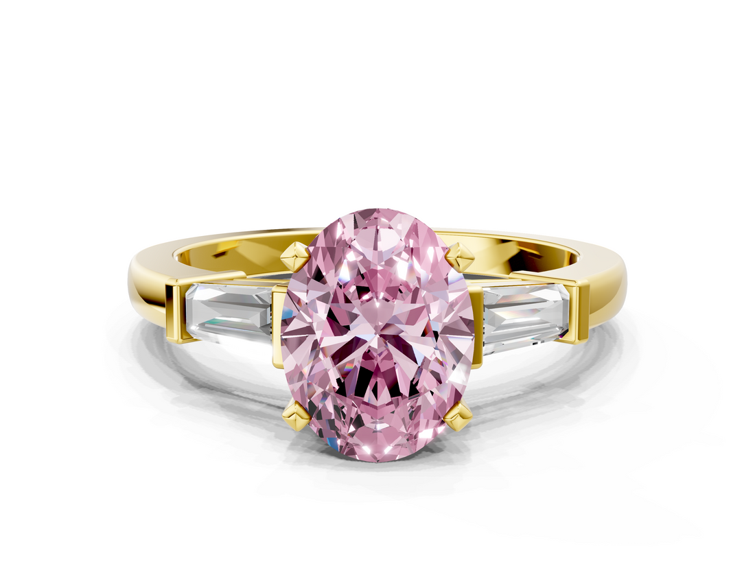 Yellow gold Fancy Pink Oval  Cut Diamond Solitaire Ring with Tapered Baguette Accents and Four-Prong Setting_77