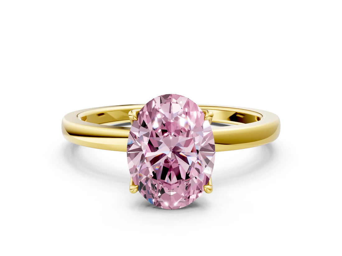 Yellow gold Fancy Pink Oval Cut Diamond Solitaire Ring with Thin Band and Prong Setting_12