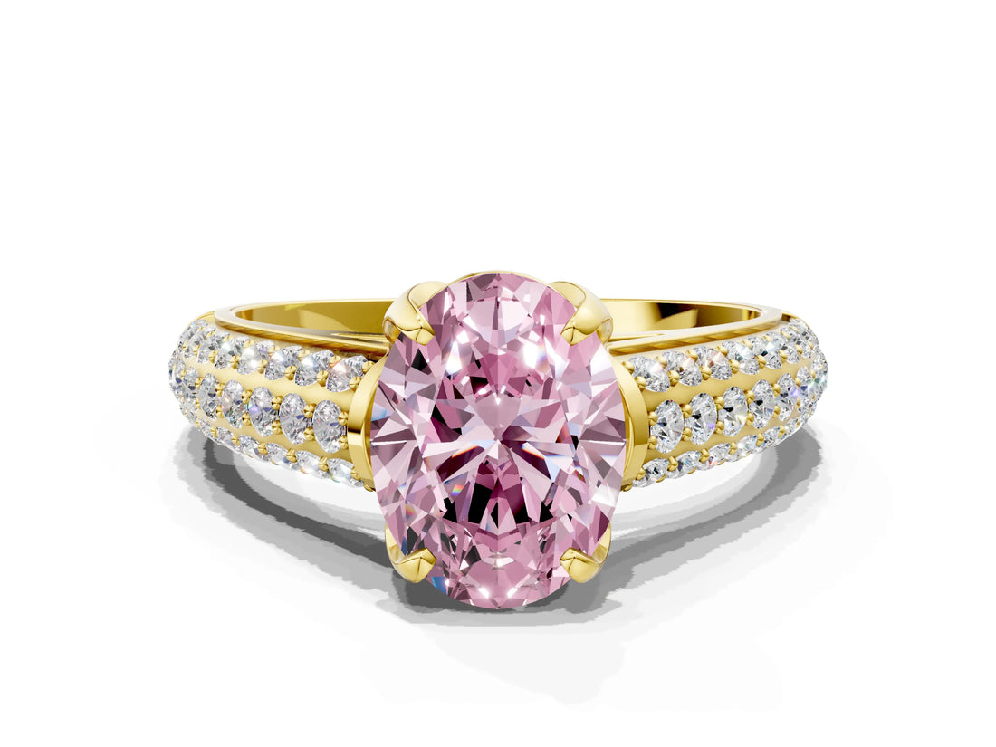 Yellow gold Fancy Pink Oval Cut Diamond Solitaire Ring with Three-Row Pavé Band and Four-Prong Setting_37