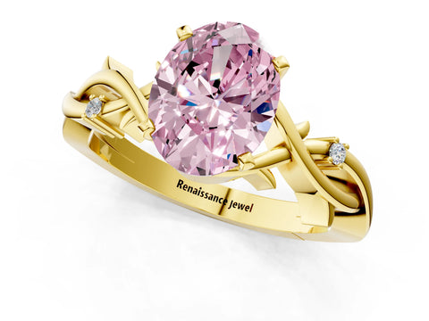 Yellow gold Fancy Pink Oval Cut Diamond Solitaire Ring with Twisted Band and Prong Setting_201