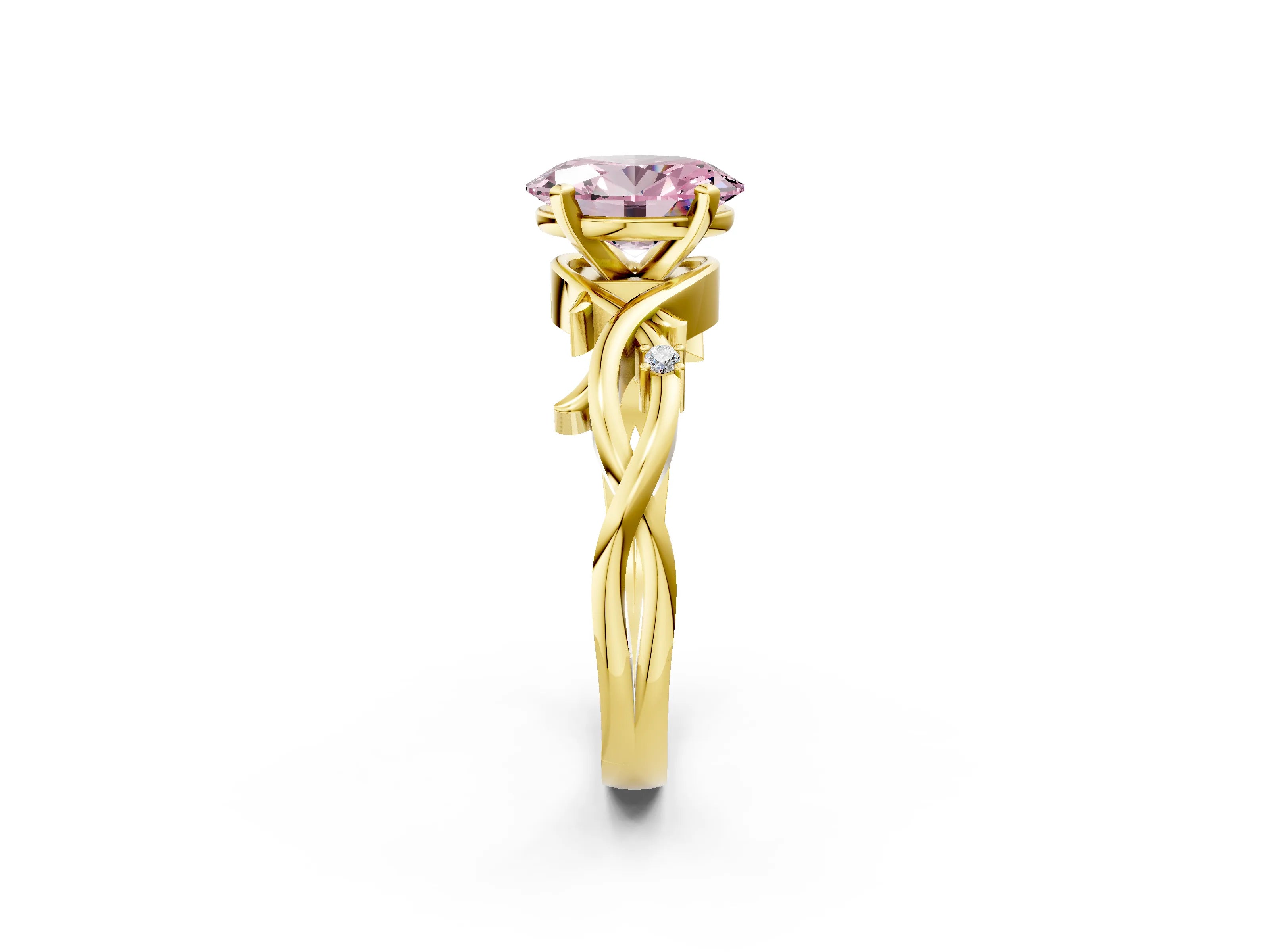 Yellow gold Fancy Pink Oval Cut Diamond Solitaire Ring with Twisted Band and Prong Setting_202