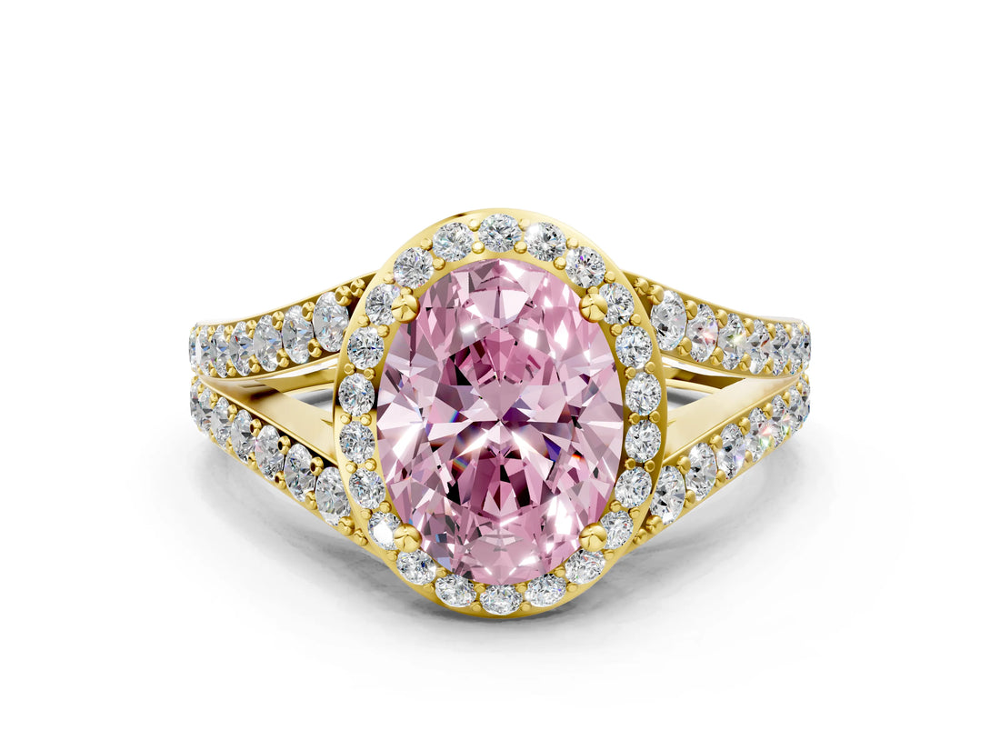Yellow gold Fancy Pink Oval Cut Diamond Split Shank Halo Ring with Four-Prong Setting_58