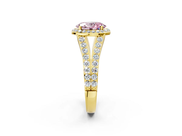 Yellow Gold Oval Halo Engagement Ring Setting for Fancy Pink Center with Narrow Pave Split Shank