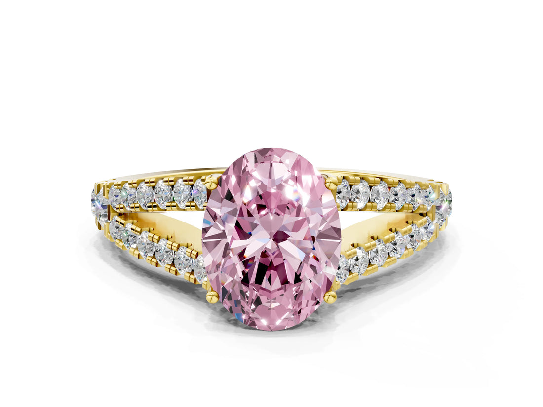 Yellow gold Fancy Pink Oval Cut Diamond Split Shank Pavé Engagement Ring with Four-Prong Setting_91