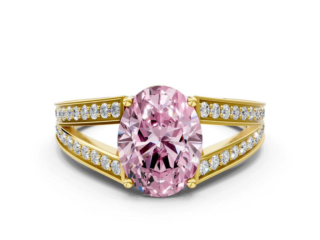 Yellow gold Fancy Pink Oval Cut Diamond Split Shank Ring with Pavé Band and Four-Prong Setting_44