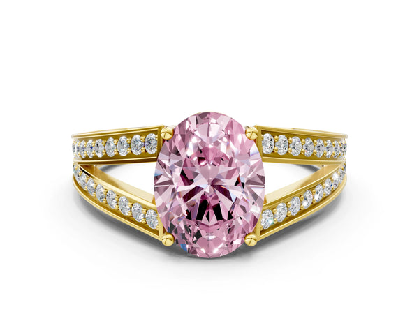 Yellow Gold Oval Pave Split Shank Engagement Ring Setting for Fancy Pink Center with Engraved Sides