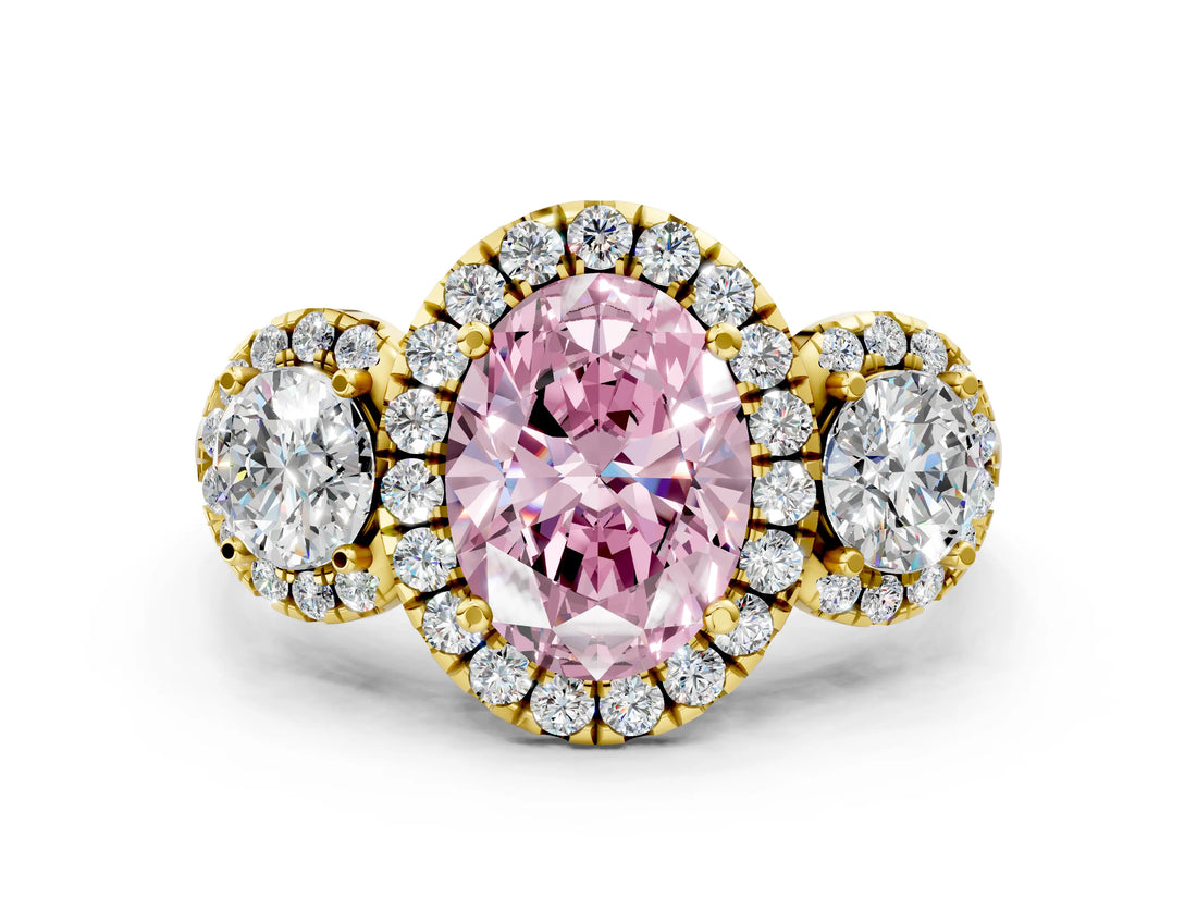 Yellow gold Fancy Pink Oval Cut Diamond Three-Stone Halo Ring with Prong Setting and Pavé Accents