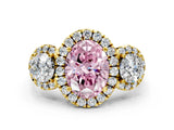 Yellow gold Fancy Pink Oval Cut Diamond Three-Stone Halo Ring with Prong Setting and Pavé Accents