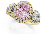 Yellow gold Fancy Pink Oval Cut Diamond Three-Stone Halo Ring with Prong Setting and Pavé Accents_1