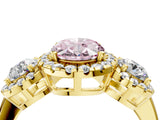 Yellow gold Fancy Pink Oval Cut Diamond Three-Stone Halo Ring with Prong Setting and Pavé Accents_4