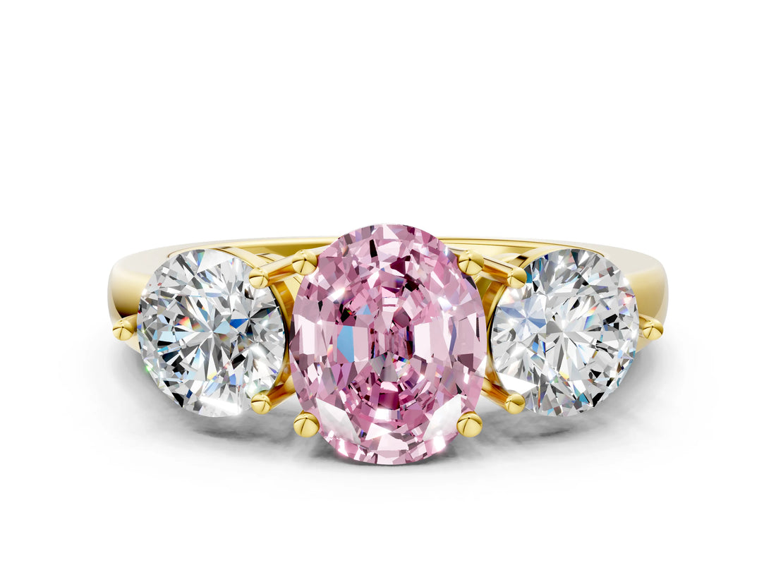 Yellow gold Fancy Pink Oval Cut Diamond Three-Stone Ring with Prong Setting and Classic Band_102